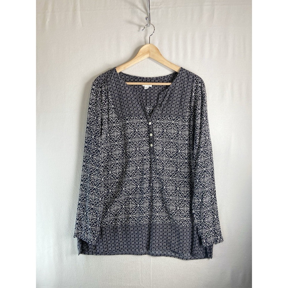J.Jill Black White Batik Print Cotton Top Blouse Size Large Tunic Cottagecore
